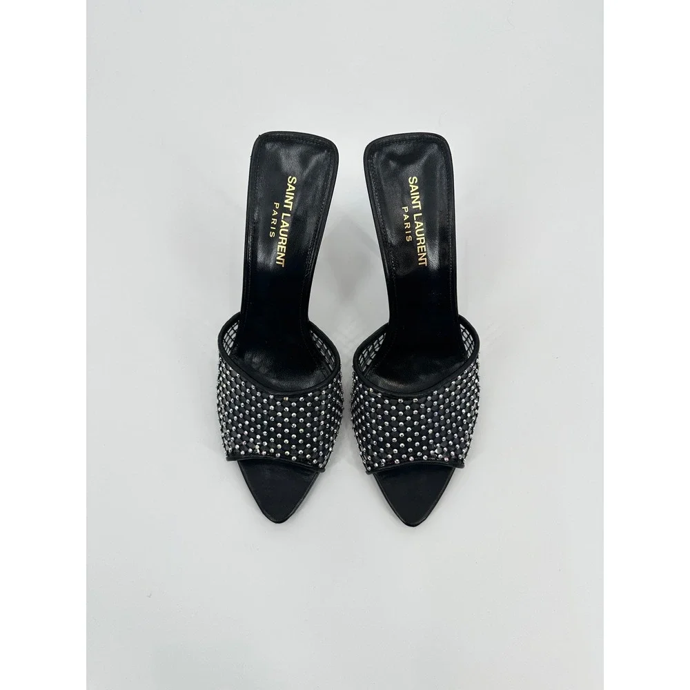 Saint Laurent Paris Luz Black Mesh Crystal Embellished Stiletto Mules Heels 39